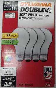 lot 751 image: Sylvania Double Life Soft White Halogen A19 Light Bulbs 53W (75W Replacement) 4-Pack DP60
