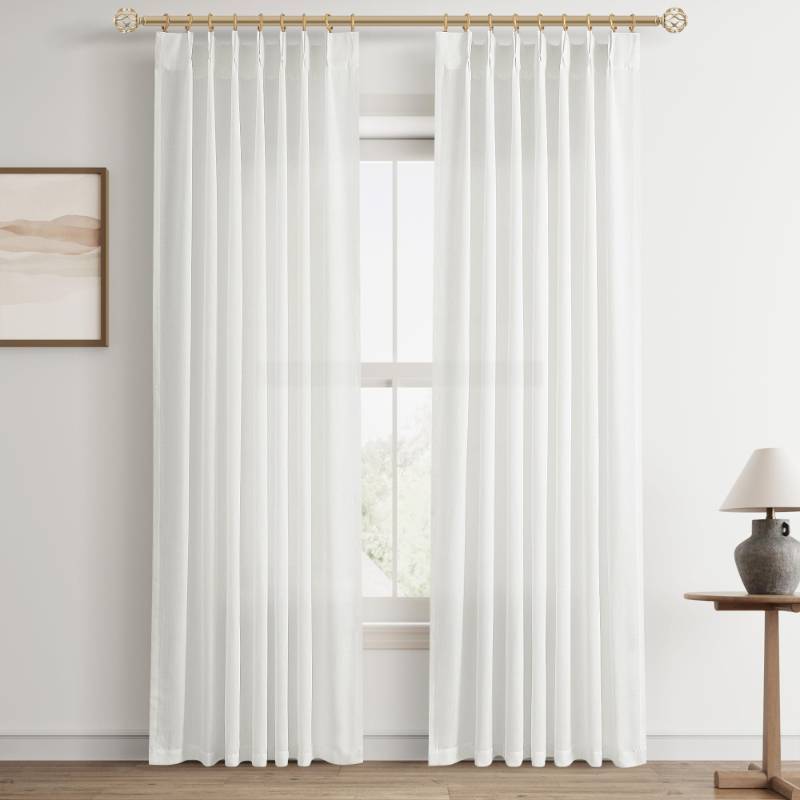 lot 23404 image: Aersas Ivory White Pinch Pleat Linen Curtains 84 Inch Length 2 Panels Set for Bedroom Dinging Room Semi Sheer Boho Farmhouse Neutral Window Curtains 84 Inches Long for Living Room Nursery 40x84 - Retail $55