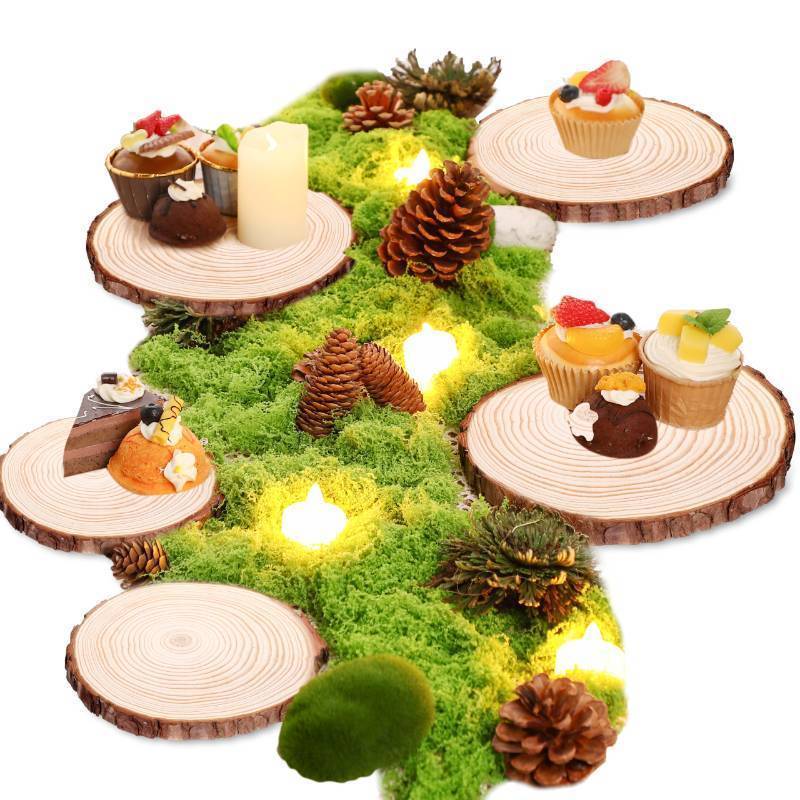 lot 25084 image: Nuanchu 6 Pack Wood Table Centerpieces with Rustic Wood Slices and Artificial Fake Green Moss for Wooden Fairy Wedding Woodland Table Decor Ideal DIY Crafts (4. 7-5. 5) - Retail $25