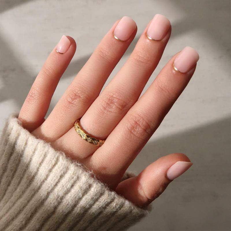 lot 26400 image: Glamnetic Press On Nails - Super Short Round Fake Nails, Nude Neutral Nails with Gold Reverse French Tip, Quiet Luxury  12 Sizes - 30 Nail Kit with Glue - Retail $18