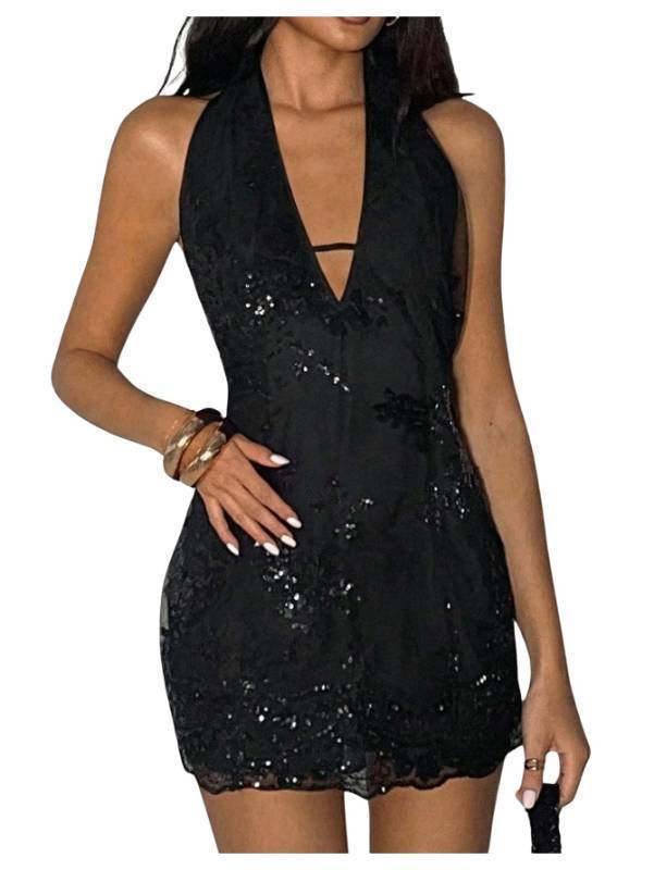 lot 26635 image: SweatyRocks Womens Sequin Halter Dresses Sleeveless V Neck Backless Embroidered Party Dresses Black Small - Retail $39
