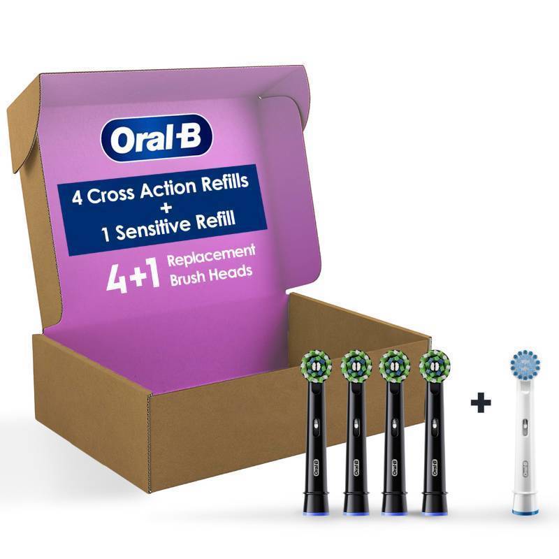 lot 31904 image: Oral-B CrossAction Electric Toothbrush Replacement Brush Heads, Black, 4 Count  1 Sensitive White - Retail $50