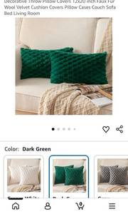 lot 18685 image: Faux Fur Wool Velvet Decorative Throw Pillow Covers 12x20 Inch Dark Green Set of 2 - Retail $12