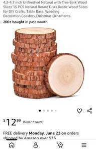 lot 18706 image: Natural Wood Slices with Tree Bark Round Rustic Discs for DIY Crafts - Retail $12