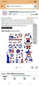 lot 18717 image: 4th of July Patriotic Gel Window Clings 6-Sheet Set - Retail $7