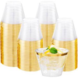 lot 19818 image: I00000 Heavy Duty Plastic Cups, 9 oz, Gold Rimmed, Clear, 100 Count, BPA Free, Disposable, for Party & Wedding - Retail $22