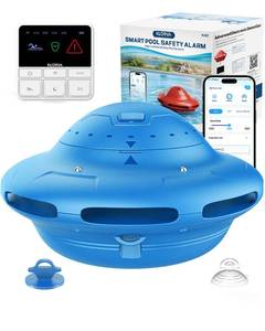 lot 19820 image: Smart Pool Alarm with App for Inground & Above Ground Pools, Adjustable Sensitivity Water Detection Alarm up to 20x40ft, 85dB Safety Alerts for Kids, Pets & Accidental Entry(Blue) - Retail $300