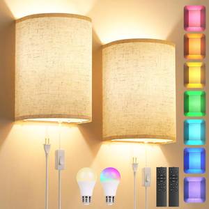 lot 19824 image: Plug in Wall Sconces Set of Two Wall Lights with 7 RGB Colors - 3 Color Temperature Wall Mount Lamps with Remote - Fabric Linen Wall Sconc for Bedroom Living Room & Hallway- Indoor Corded Wall Sconce - Retail $37