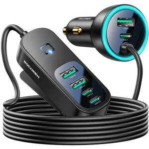 lot 19839 image: Rocoren 105W 6-Port Multiport Car Charger, PD Fast USB C Car Charger for Multiple Devices,Cigarette Lighter Adapter Car Travel Essentials for Road Trips with 5FT Cable,Car Accessories for iPhone 1716 - Retail $20