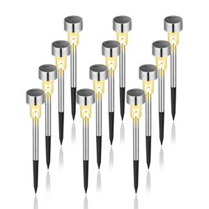 lot 19842 image: GIGALUMI Solar Lights Outdoor Waterproof, 12 Pack, Stainless Steel LED Solar Garden Lights for Patio, Lawn, Yard and Landscape, Garden Decor Patio Decor,Warm White - Retail $21