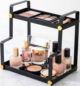 lot 19843 image: FFK 2 Tier Countertop Organizer, Cosmetic Organizer, Storage Shelf for Cabinet, Countertop, Pantry, Desktop, Ideal for Bathroom, Kitchen, Office (Black) - Retail $25
