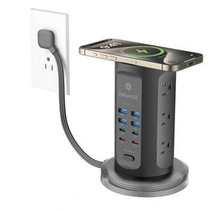 lot 19851 image: Power Strip Tower, PD 65W USB Charging Tower, kakyanill Surge Protector Tower 9 AC Outlets 8 USB (4 USB C), 6 Ft Retractable Extension Cord, Charging Station for Office Dorm Room, Black - Retail $41