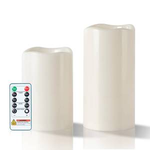 lot 19860 image: 5plots 4x6 8 Large Outdoor Waterproof Flameless Candles Ivory White with Timer & Remote, Battery Operated LED Flickering Pillar Candles for Patio Porch Halloween Christmas Lantern, Set of 2 - Retail $18