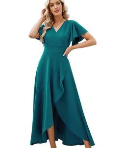 lot 19865 image: ZZV Formal Dresses for Women,Gowns Evening Party Cocktail Dress,Long Split Elegant V Neck Wrap Ruffle Wedding Guest Dresses Peacock Blue-L - Retail $59