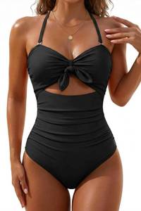 lot 26176 image: Tempt Me Women Black Sexy Cutout One Piece Swimsuits Tummy Control High Waisted Halter Front Tie Knot Bathing Suit S - Retail $37