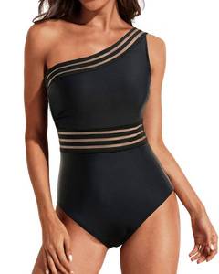 lot 26177 image: Tempt Me Women One Shoulder One Piece Swimsuits Tummy Control Bathing Suits Mesh Swimwear Black Large - Retail $34