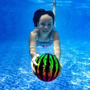 lot 26180 image: Watermelon Ball JR - Swimming Pool Ball for Underwater Passing, Dribbling, Kicking, Diving and Pool Games for Teens, Kids, or Adults  6.5 inch Ball Fills with Water - Retail $22