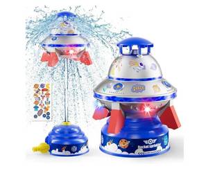 lot 26185 image: UFO Water Sprinkler for Kids, Water Rocket Toy Outdoor Summer Play WLight & Spin, Adjustable Height Water Launcher, DIY Space Sticker, Backyard Lawn Summer Water Toy Gift for Boys Girls Ages 3-12 - Retail $20