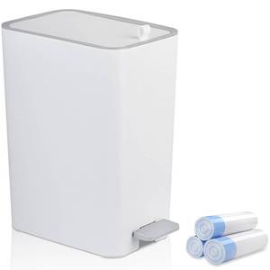 lot 26198 image: rejomiik Small Bathroom Trash Can with Lid, 3.2 Gallon Step Garbage Can with Handle, Slim Mini Wastebasket Bin for Bedroom, Office, Dorm, White - Retail $25