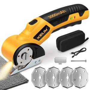 lot 26212 image: 2026 New 3000mAh Electric Cardboard Box Cutter with 4 Blades, Cordless Electric Scissors with Safety Lock & LED Light, Storage Box, 300 RPM, Electric Cutter for Fabric Carpet Carton Leather Cloth - Retail $28