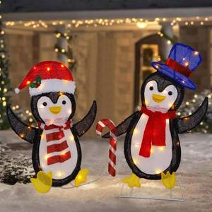 lot 62285 image: WATERGLIDE Set of 2 Lighted Christmas Tinsel Penguins, Pre-Lit 2D Stacked Penguin with Incandescent Lights, Light Up & Plug in for Indoor Outdoor Festive Xmas Holiday Garden Yard Lawn Decor