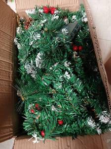 lot 62287 image: Artificial Christmas Prelit Garland with Snow Tips and Red Berries Battery Powered - Retail $20
