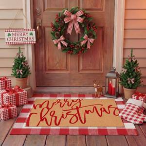 lot 62291 image: Tinideya 2 Pcs Door Mat Welcome Non Slip Coir Mats Floor Layering Doormats Seasonal for Front Porch Entryway Decor (23.6 x 35.4 Inches, Red White Plaid, Red White) - Retail $29