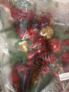 lot 62295 image: Christmas Holiday Table Center Piece with Red Poinsettias and Gold Ornaments - Retail $18