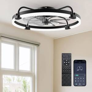 lot 62303 image: Ensenior Ceiling Fans with Lights and Remote, 24 Low Profile Ceiling Fan Flush Mount, APP Control, 6 Speed, 3CCT, Quiet Reversible DC Motor, Dimmable Modern Ceiling Fan with Light for Bedroom, Black - Retail $110