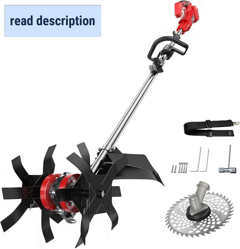 lot 221482 image: Retails for $108 Cordless 2-in-1 Tiller Cultivator & Weed Wacker Compatible with Milwaukee 18V Battery (Tool Only), Ecarke Brushless Electric Garden Tiller Weed Eater, 9 Tilling Width 9.4 Depth for Soil Cultivation
