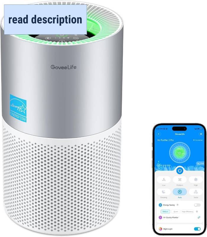 lot 131379 image: Retails for $130 GoveeLife Air Purifiers for Home, Smart Air Purifier for Large Rooms with App & Alexa Control, Covers up to 1162ft , Air Quality Monitor, PM2.5 Sensor Air Purifier for Pet Hair, Pollen, Dust, Smoke