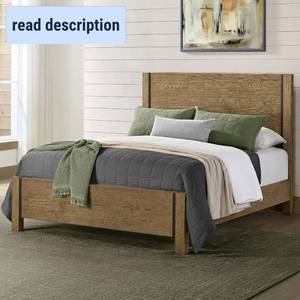 lot 211531 image: Retails for $1000 Baylor Panel Bed Frame with Black Metal Accents, Rustic Oak Finish (Box 1 of 2)