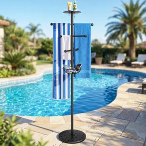 lot 121511 image: Luxspire Pool Towel Rack Outdoor, 6 Bars Outdoor Pool Towel Holder, 63 inch Heavy Duty Pool Accessories Outdoor Towel Rack with Tray and Hooks Storage for Beach, Hot Tub, Bathroom, Backyard, Black