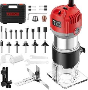 lot 121527 image: TEENO Wood Router Tool, 6.5 Amp 1.25 HP Wood Routers for Woodworking, 6 Variable Speeds, Aluminum 14 Compact Router With 15-Pc Tungsten Carbide Router Bits, Edge & Roller Guides, Carrying Case
