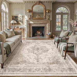 lot 121528 image: PureCozy Beige Area Rug 8x10 Vintage Medallion  Washable, Non Slip, Soft Low Pile, Indoor Carpet for Living Room, Bedroom, Dining Room, Retro Neutral Decor