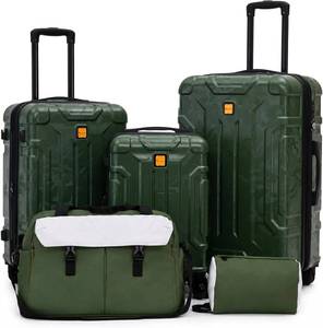 lot 121539 image: Retails for $150 Rosamo 5 Piece Hardshell Suitcase Set, 202428 Expandable Luggage Set with Matching Travel Bags, 22x14x9 Airline Approved Carry On, TSA Lock, Spinner Wheels, ABSPC (Cotton Candy)