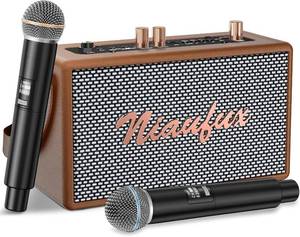 lot 121546 image: Karaoke Machine, Retro-Design Speaker with 2 Wireless Microphones for Adults & Kids, Portable Karaoke System for Home Party, BluetoothAUXUSBTFTWS Support, Gifts for Women & Girls - Brown