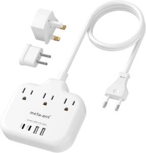 lot 121552 image: European Travel Plug Adapter, US to European Plug Adapter with 3 American Outlets & 4 USB, 3ft European Power Cord, International Travel Power Strip, Type C for Europe EU Germany France, Travel, White