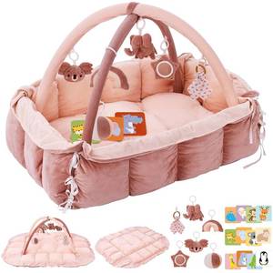 lot 221523 image: 5-in-1 Plush Baby Play Gym, Baby Play Mats, Convertible Baby Gym, Tummy time mat, 6 Sensory Toys, Activity Center, Ball Pit, Pink