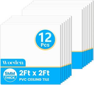 lot 221525 image: WOEden Drop Ceiling Tiles, 12 Pack Ceiling Tile 2ft x 2ft PVC Panel Cover 5mm Waterproof Washable and Fire-Rated Drop Tile 48 Sq. Ft - White (White, 2FT X 2FT)