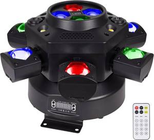 lot 221531 image: Retails for $120 Moving Head DJ Lights 150W RGBW, 6-Arm Party Stage Light with Remote  150W RGBW 6-arm beams, DMX-512 & sound-activated, quiet motor, sharp beam through hazefog, home party & small-venue DJ use