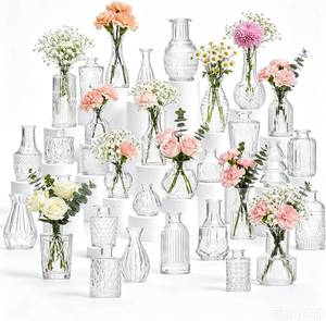 lot 221532 image: 32 Pcs Clear Glass Bud Vases in Bulk, Small Vintage Bud Vase Set for Flowers, Mini Glass Vases for Wedding Centerpieces, Baby Shower, Table Decorations, Event Decor, 3.1-5.1
