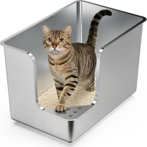 lot 221533 image: Retails for $110 Stainless Steel Litter Box 14.5 High-Side, XL Metal Cat Litter Box, Corner Opening Entry Pet Toilet, Cat Litter Pan with Wheels, Easy to Move, Non-Stick, No Odor, for Big or Multiple Cats