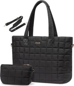 lot 221547 image: LOVEVOOK Laptop Tote Bag for Women, 15.6 Inch Large Puffer Work Tote Computer Bags, Quilted Womens Shoulder Purse Bag with Zipper, Teacher Office Handbag for Travel College Business, Gifts, Black