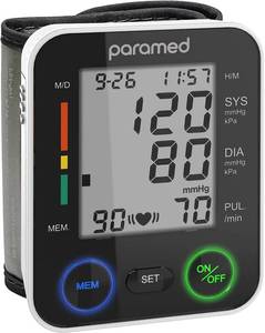 lot 221560 image: PARAMED Automatic Wrist Blood Pressure Monitor Blood-Pressure Kit of Bp Cuff  2AAA and Carrying case - Irregular Heartbeat Detector & 90 Readings Memory Function & Large Display