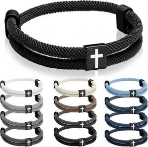 lot 321446 image: Landical 12 Pcs Braided Cross Bracelet for Men Women Christian Adjustable Rope Jesus Bracelets with Metal Knot Christian Baptism Gifts