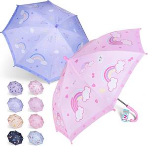 lot 321448 image: 2 Pack Kids Umbrellas for Girls and Boys Age 3-10, Toddler Umbrella with Larger 35 Arc Perfect Size, Windproof and UVSun Protection, with Easy-Grip Hook Handle, Rainbow Pink and Purple