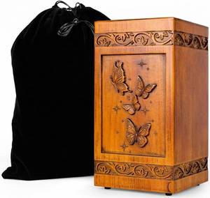 lot 321452 image: Large Wooden Cremation Urn for Human Ashes Adult Handcrafted Butterfly & Floral Engraving Funeral Urn for Mother, Father, Men & Women Display at Home or Niche at Columbarium 270 Cubic Inches