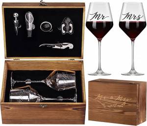 lot 321456 image: WeddingAnniversaryEngagementBridal Shower and Bachelorette Gifts for Couples,Bride & Newlywed, Engraved Mr and Mrs Wine Glasses with 5-Piece Wine Accessory Kit