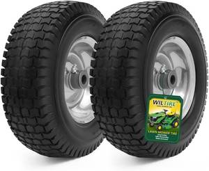 lot 321462 image: 13x5.00-6 Flat Free Tire and Wheel Assemblies (2 Pack),13 x 5 x 6 Solid Rubber Tires and Wheel for Riding Lawn Mower - With 34 Bushings (Extra 58 Bushings) and 3 Centered Hub (Grey)